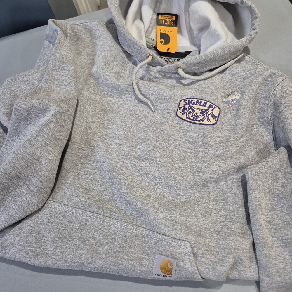 Carhartt Sigma Pi Hoodie Mens Medium Light Gray Loose Fit Sweatshirt Preppy